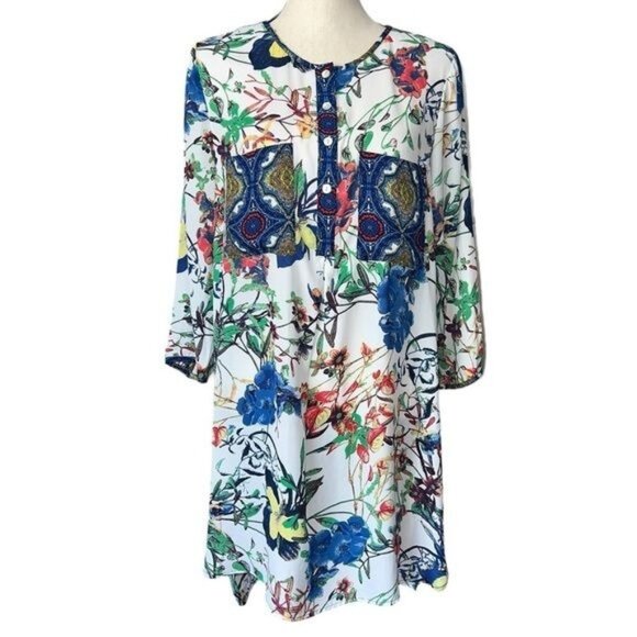 Bohemian Floral Tunic Dress With Blue Paisley Details & Button Front  M/L - Picture 1 of 10
